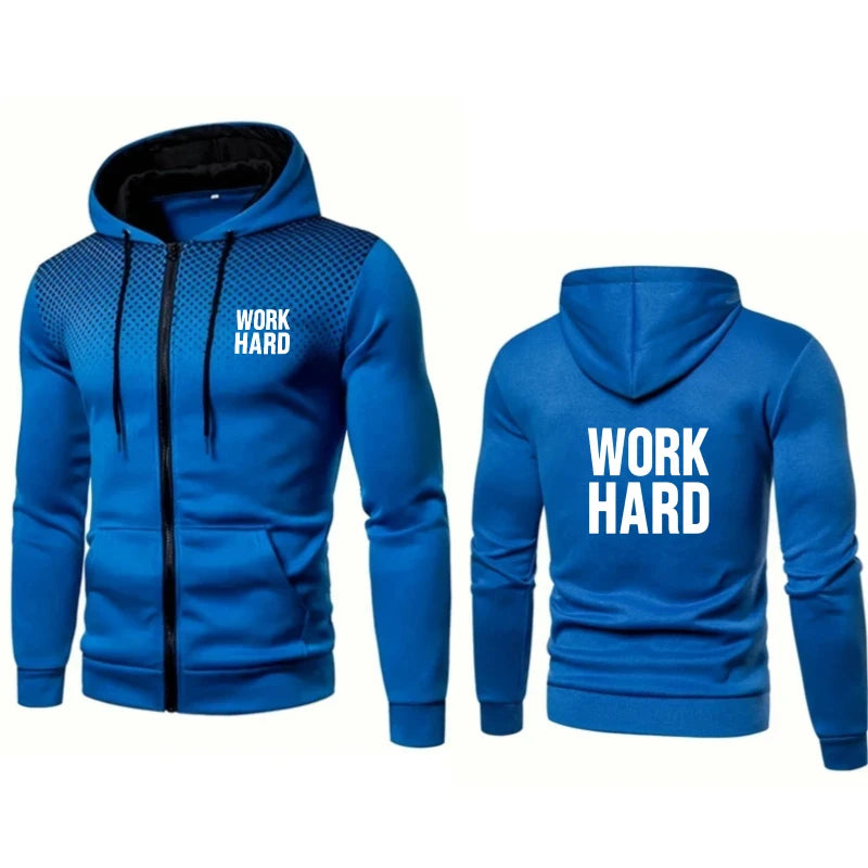Men's Hooded Jacket Blue Work Hard Printed Text Gym Fitness Sport Casual Wear