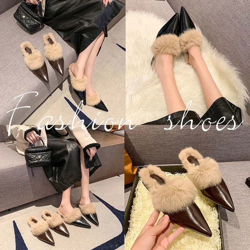 2025 New Shoes for Women House Slippers Platform Fur Flip Flops Slides Loafers Cover Toe Low Plush New Flat Basic Женская Обувь
