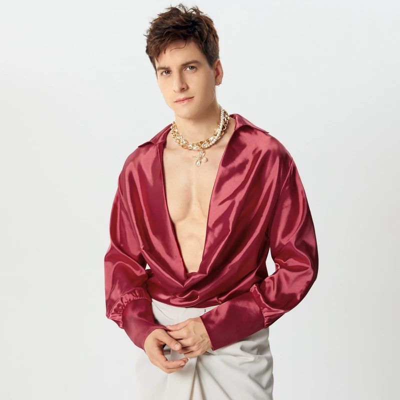 Men Shirts Casual Stylish Style Tops INCERUN Men's Shirts Sexy Male Solid Color V Neck Long Sleeve Fashion Men Clothing 2025