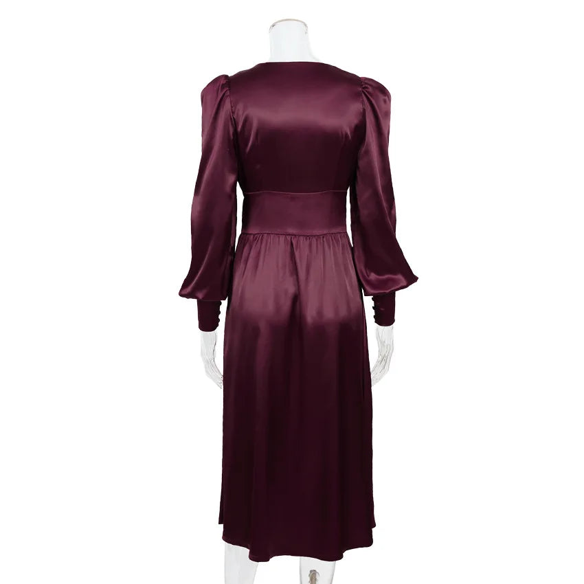 Autumn and Winter Women's Long Dress V-neck Satin Waist Retro Dresses for Women