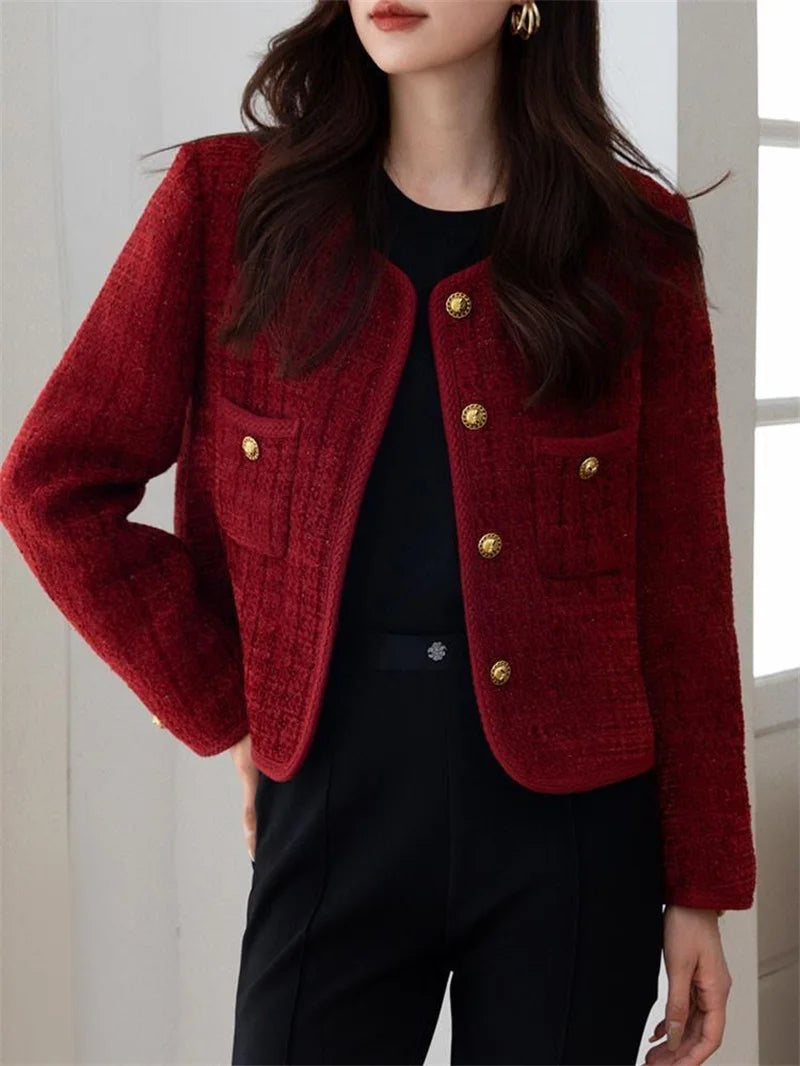 Wine red Coat Women Xiaoxiangfeng Jacket  Autumn and Winter New Short Jackets Elegant Women's Top