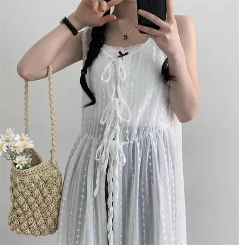 Embroidered Dress for Women in Summer Thin Lace up Layered Vest Long Cover Skirt