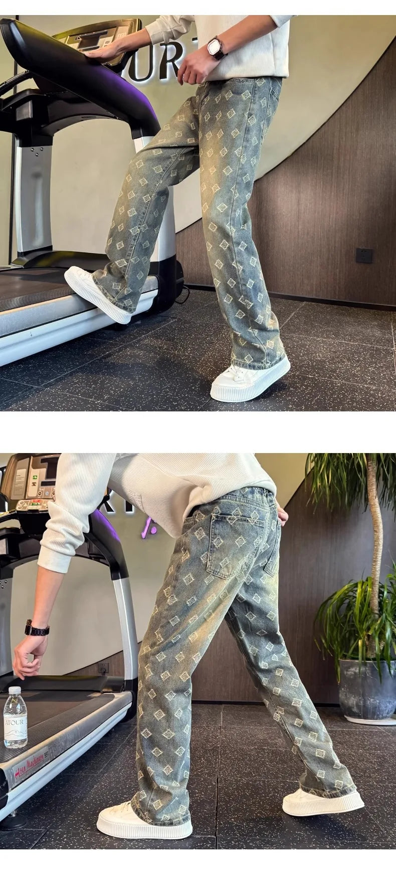 Light Blue Full Print Jacquard Jeans for Men, Niche Design, Curved Knife Pants, American High Street Vibe Straight Leg Pants