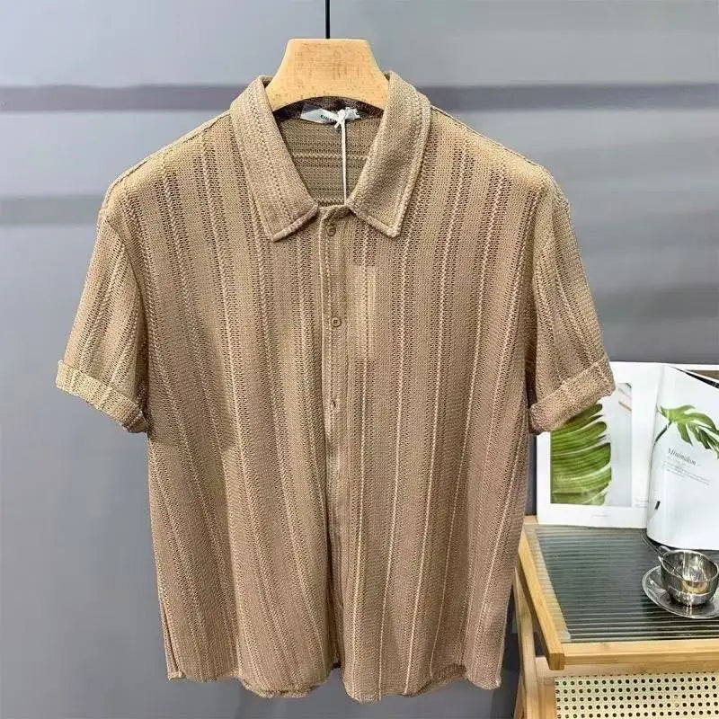 Men's Tops Hollow Short-sleeve Shirt Men Summer Thin Trendy Handsome French Light Luxury Drape Hawaiian Shirts