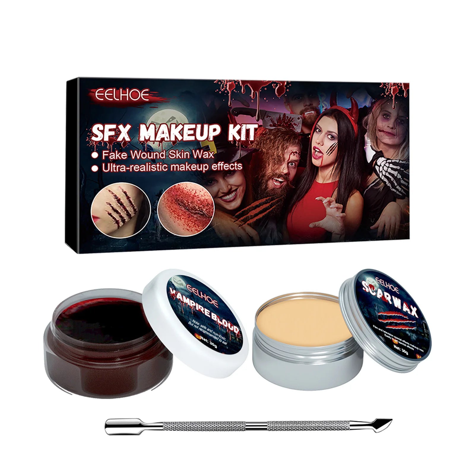 Halloween Special Effects Makeup Kit,Scar Wax with Spatula and Clotted Blood Gel,Fake Wound,Creepy Atmosphere Party Makeup Props