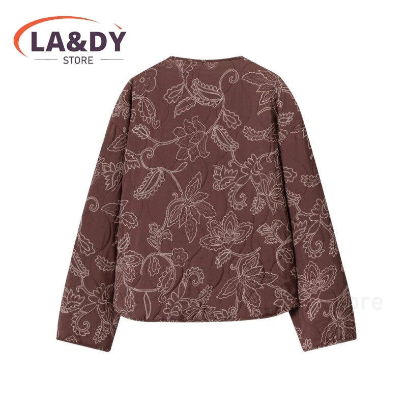 Jacket Coat Women 2025 Autumn Fashion Vintage Chic Print O-Neck Buttons Oockets Casual Loose Outwear Ladies