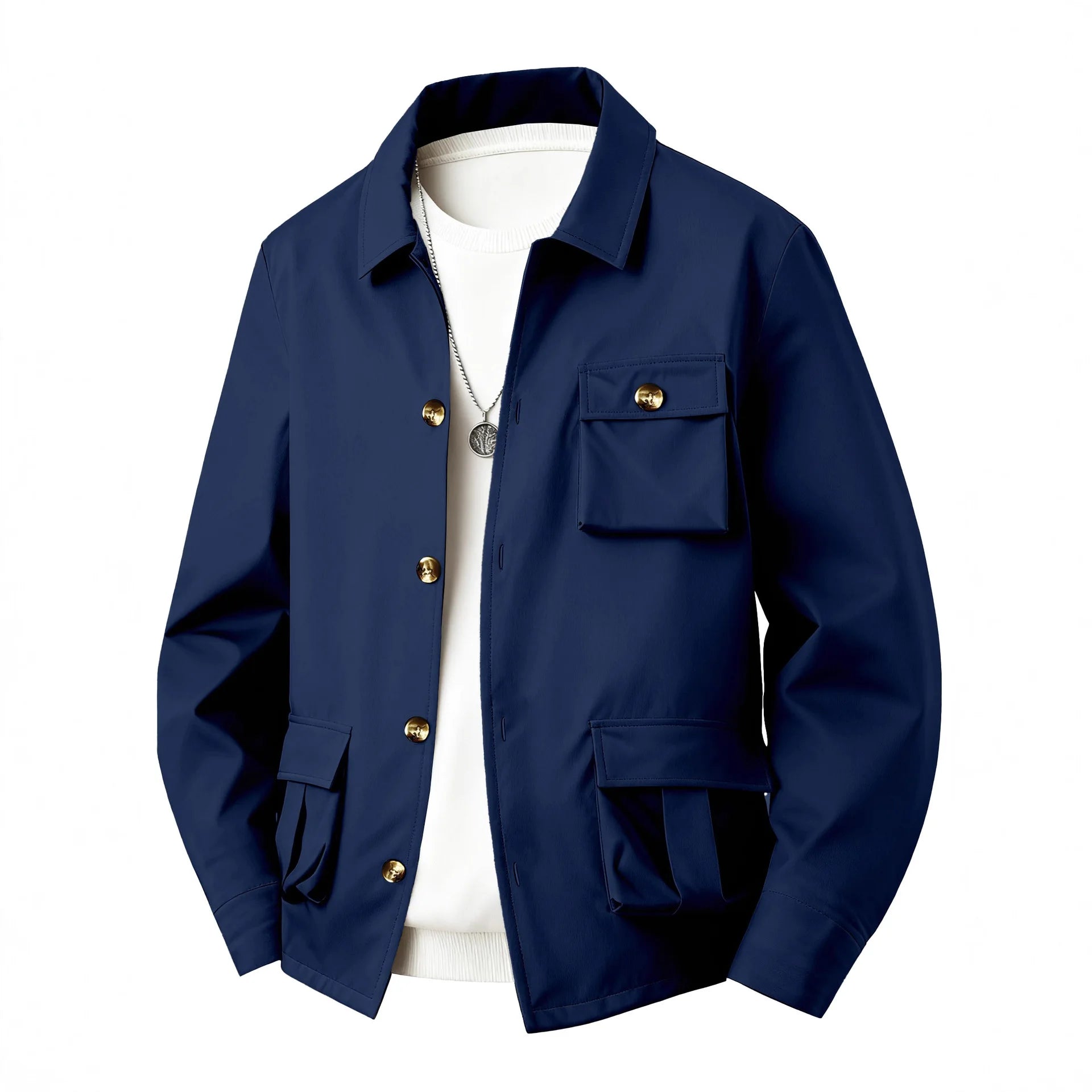 New men's coat - stylish and casual, with pocket buttons, collarless, simple solid color, winter jacket