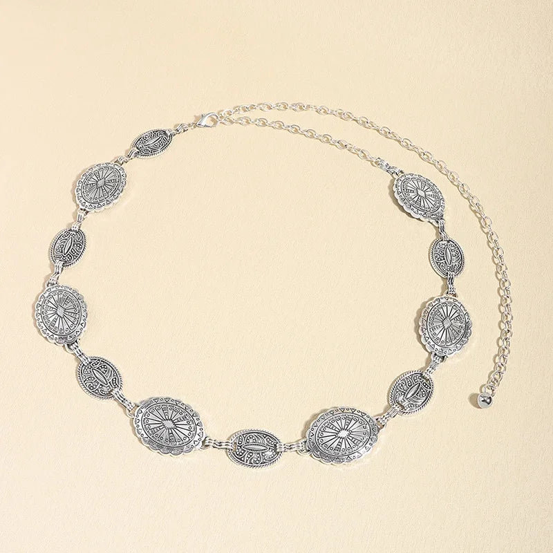 1 piece set of waist chain accessories for women's retro Bohemian ethnic style silver metal chain belt with skirt belt