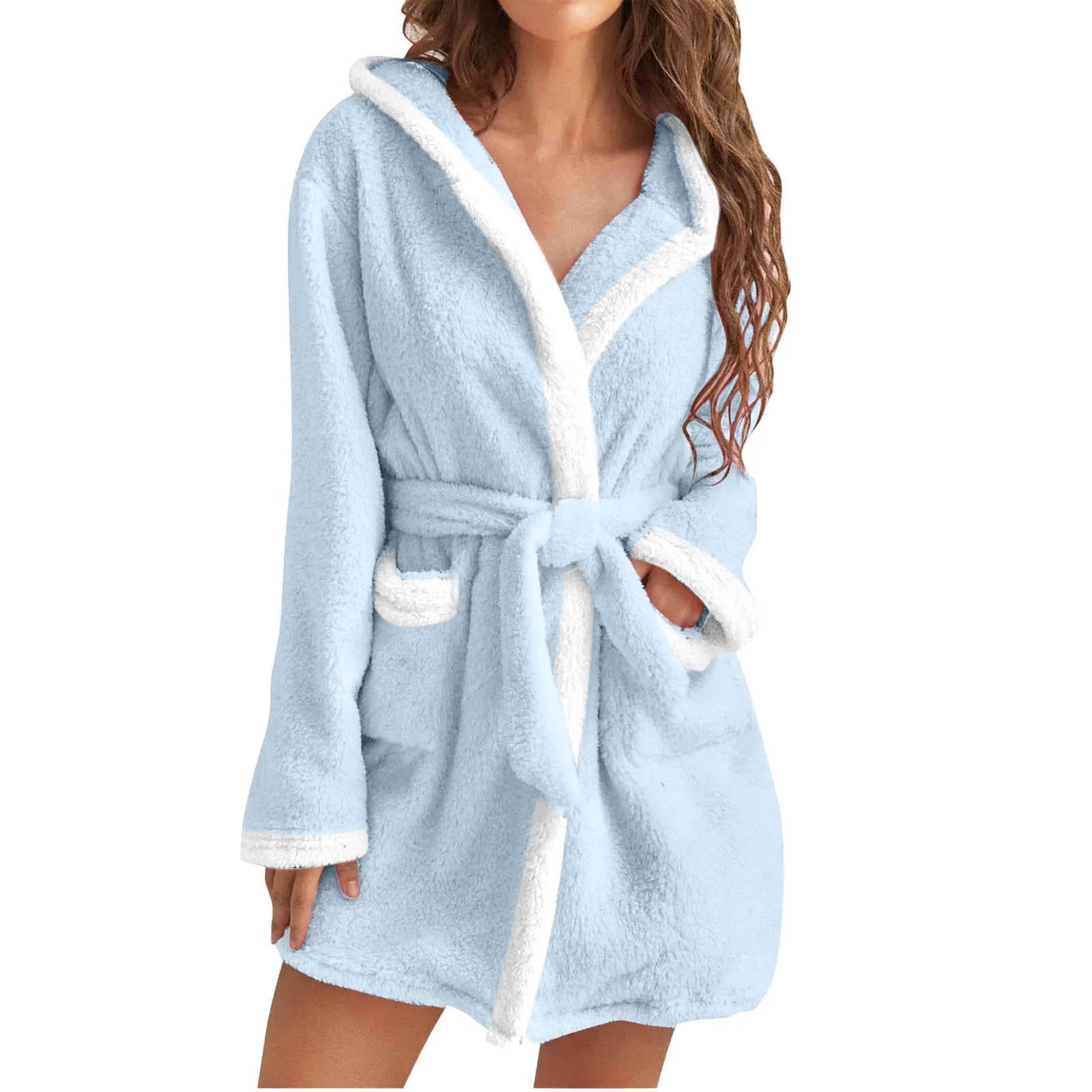 Women's Winter Casual Plush Robe Solid Color Matching Double Pocket Strappy Nightgown Fuzzy Bathrobe Coats Home Clothed Ladies