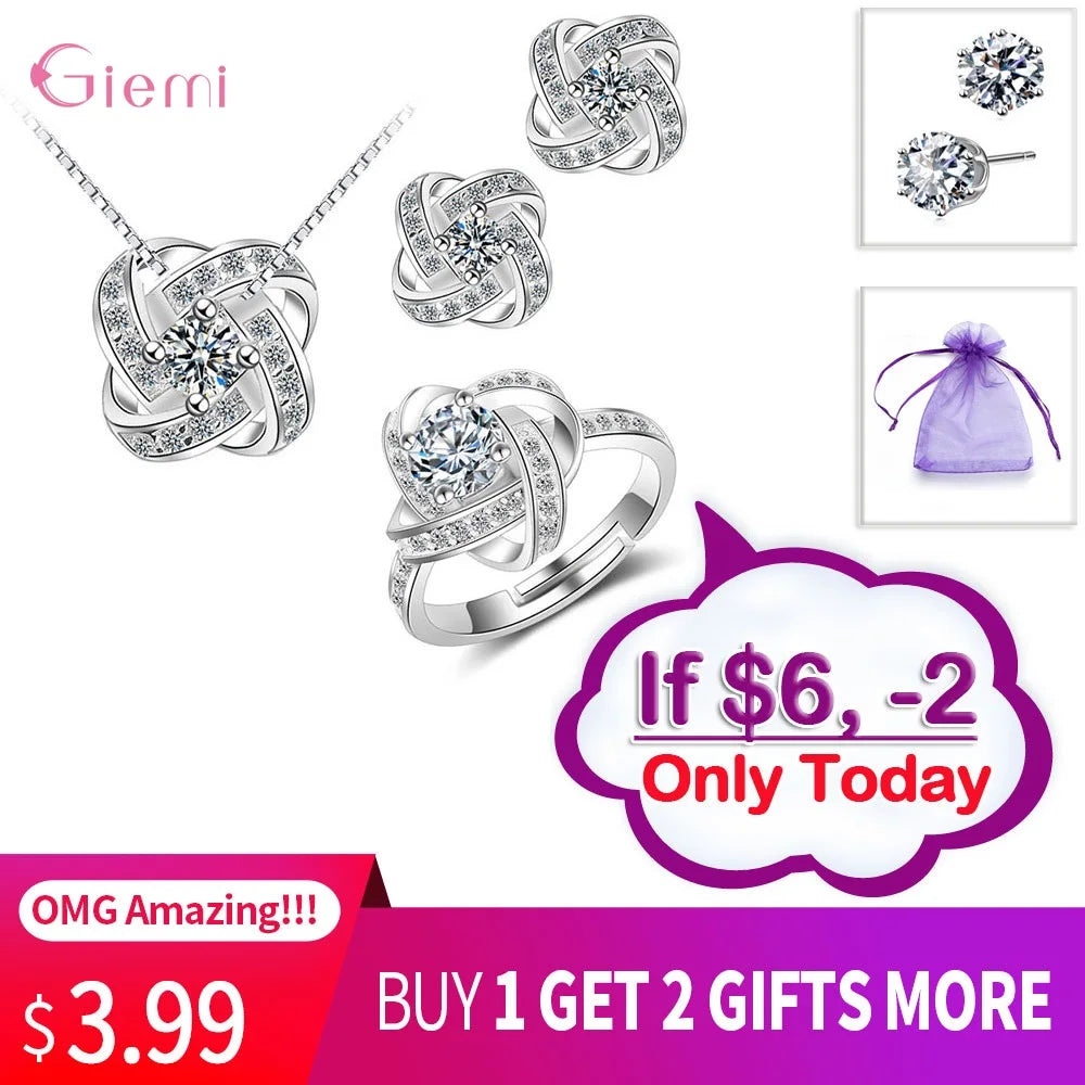 Hot Sale Bridal Wedding Jewelry Set 925 Silver Endless Love Necklace Earrings Rings For Women Engagement Anelli Trendy Jewellery