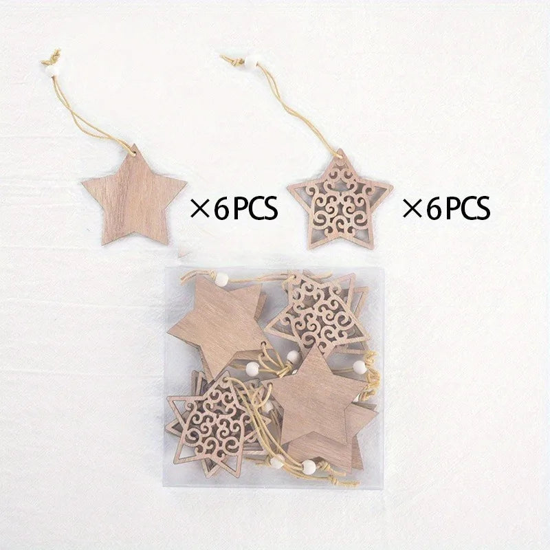 Festive Wooden Christmas Ornaments with Snowflake Star and Heart Designs for Home Tree Decor Holiday Party Supplies DIY Crafts
