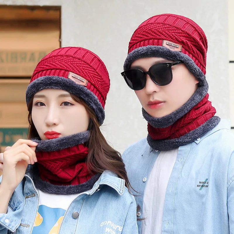 Winter Hat For Men Fleece Scarf Women Neck Leather Knitted Cap Thick Wool Neck Warmer Balaclava Ski Mask Skullies Beanies