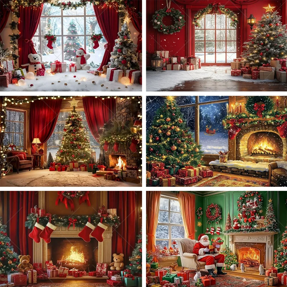 Christmas Party Decoration Winter Fireplace Xmas Tree Background Baby Shower Supplies Banner Photo Prop Backdrop Children Gift