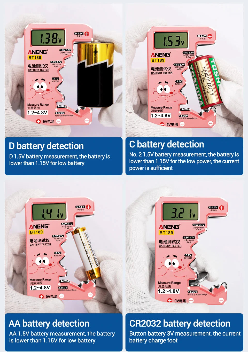 ANENG BT189 Universal Battery Tester for C,AA,AAA,D,N,9V 6F22 Batteries 1.5V 3V Button Cell Battery Indicator Electric Tools