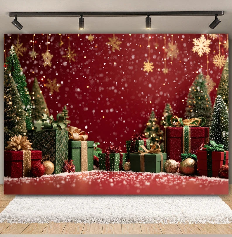 Christmas Day Decor Backdrop for Photography Xmas Tree Red Room Wall Glitter Gift Family Holiday Portrait Decor Photo Background