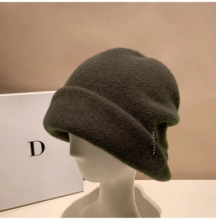 Winter Hat for Women Soft Warm Wool Cap Adjustable Ladies Beanie Cloche Bucket Hat Crushable Ski Hat Upturn Brim Church Hat