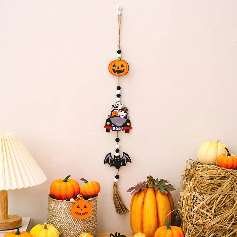Halloween Wooden Hanging Decorative Ghost Festival Atmosphere Decorations Beaded Witch Pumpkin Bat Pendant Home Party Supplies