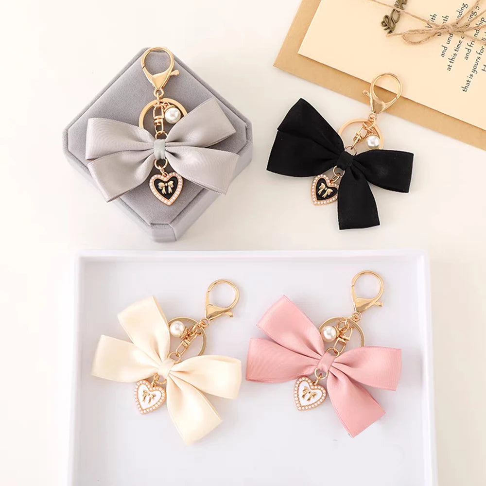Imitation Pearl Keychain Sweet Fashion Ribbon Bowknot Keyring Accessories Metal Buckle Women Bag Charms Best Gifts Jewelry