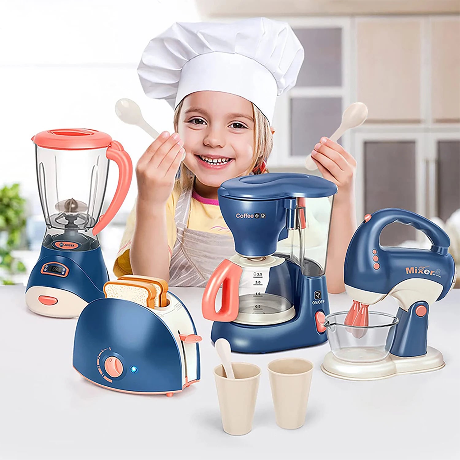 Kitchen Home Appliances Kids Pretend Play Set Toy Household Coffee Maker Mixer Toaster Vacuum Cleaner Playset for Children Gifts