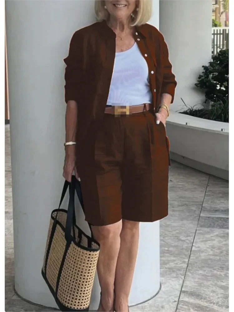 Casual Women Suit Long Sleeve Shirt + High Waist Crotch Pants Sets Two Piece Set Solid Women's Outfit Spring Autumn 2-piece Set