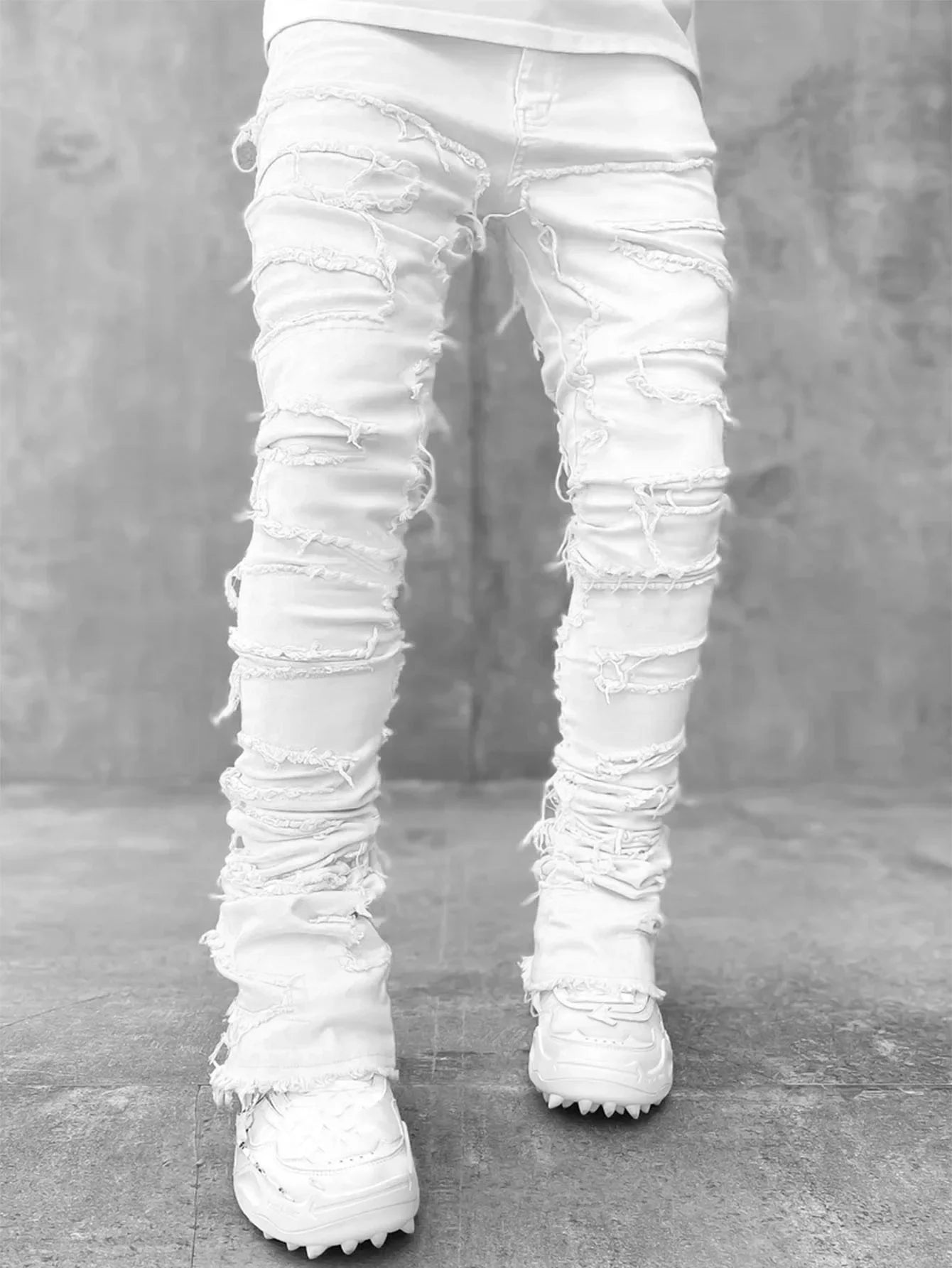 New Fashion Stretch Jeans Man Stacked Jeans Elastic Waist Straight Fit Patchworks Denim Long Pants Fringe Ripped Jeans For Men