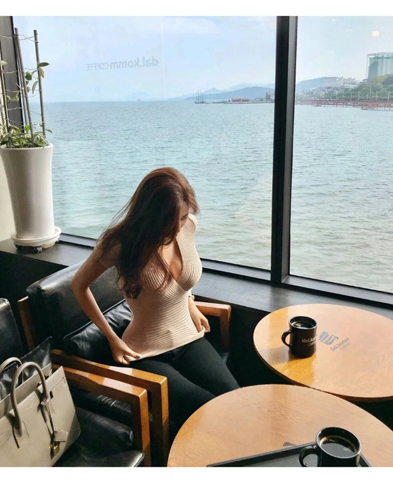 WOMENGAGA Korea Sexy V-neck High Waist Large Chest Tight Thin Knit Short Sleeve T-shirt Women's Hot Sexy Korean Women Tees 5INW