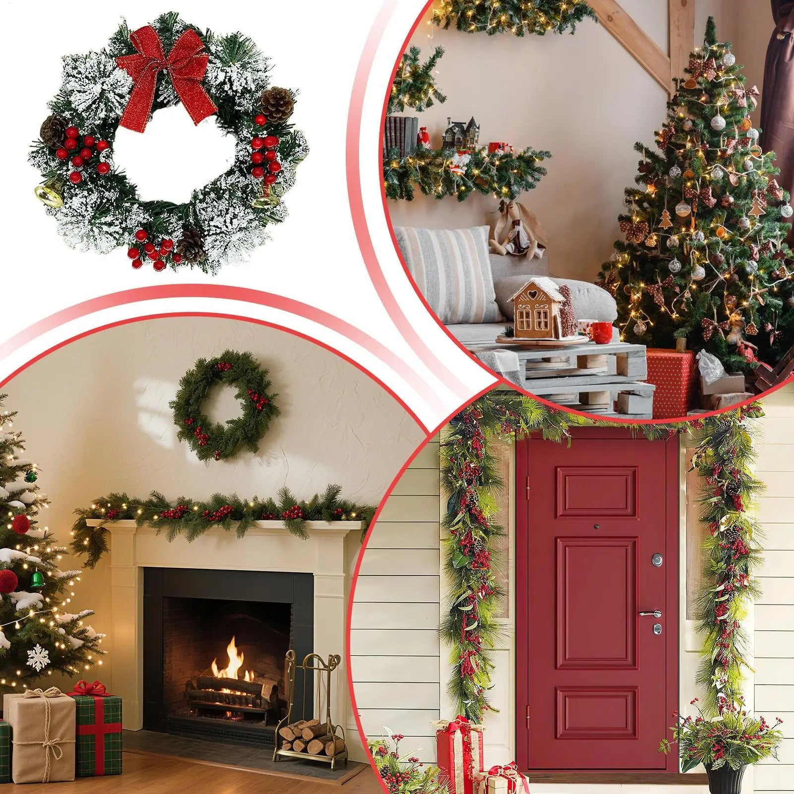 Christmas Wreath 30cm Holiday Decor with Berries Bow Bells Artificial Greenery Garland for Door Window Wall Christmas Decoration