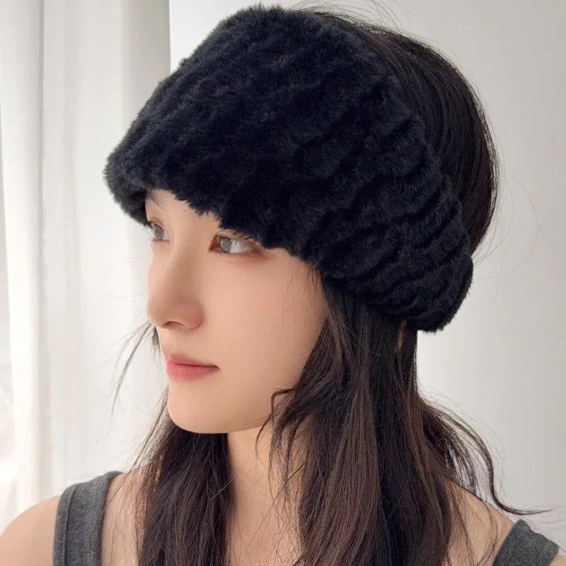 Winter Wide Headband Rabbit Fur Hairband Elastic Windproof Warm Ear Protection Women Hair Accessory for Cold Weather Styling