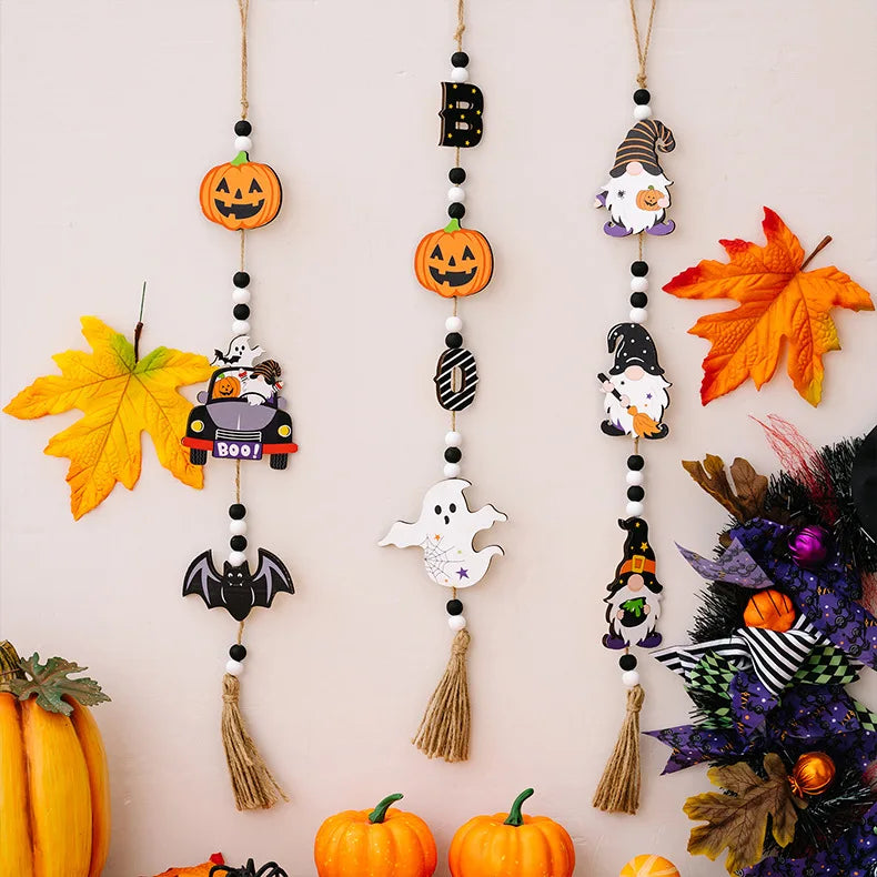 Halloween Wooden Hanging Decorative Ghost Festival Atmosphere Decorations Beaded Witch Pumpkin Bat Pendant Home Party Supplies