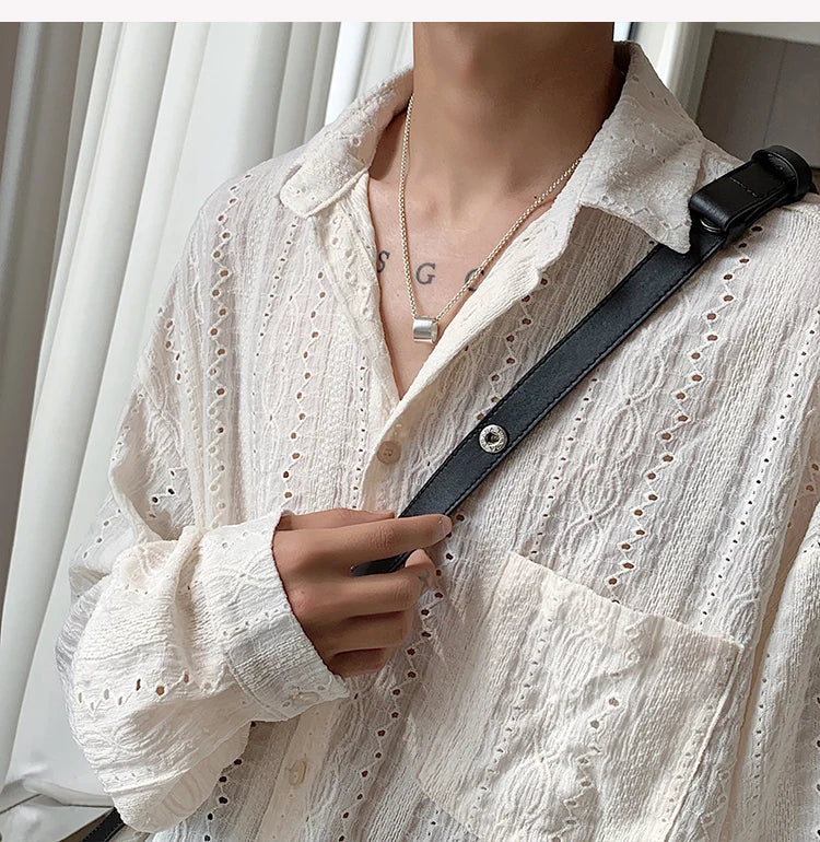 Shirts for men Apricot Handsome Lapel Men Blouse Vacation Hollow Out Sexy Fashion Men Clothing Male Mesh Long-sleeved Shirts