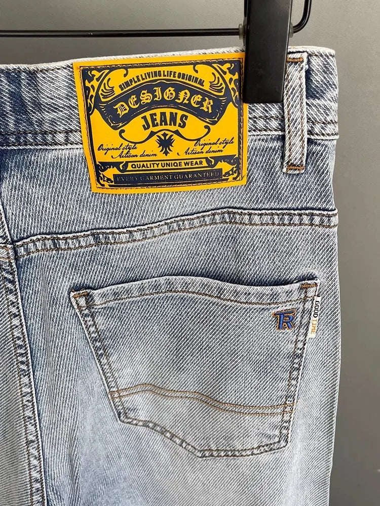 Light Blue Embroidered Jeans Men's Summer Slim Fit Nine-Piece Waed Casual Pants Breathable Straight Leg Jeans Youth Trend