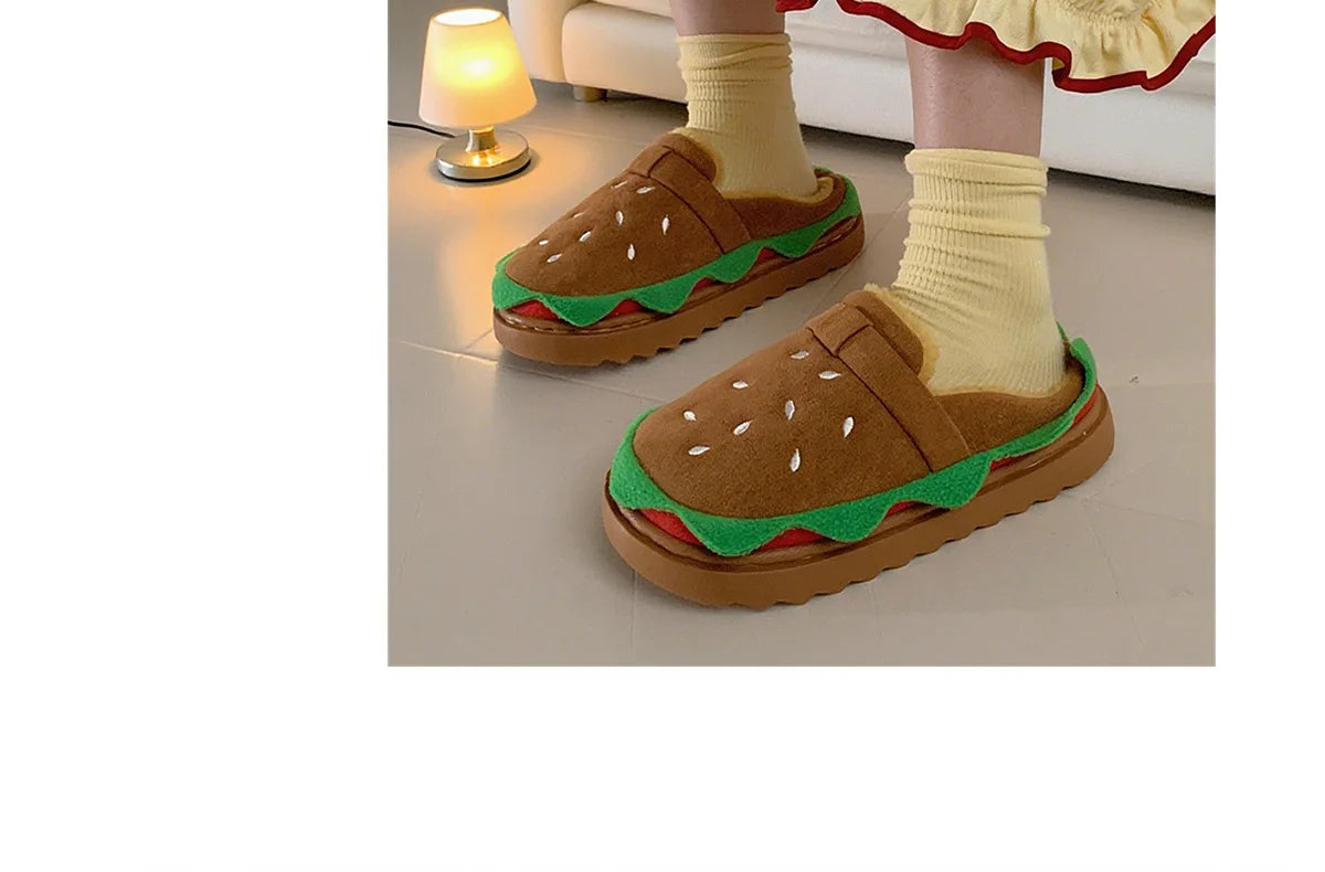 Women's Home Slippers Winter Warm Fuzzy Hamburger Slippers Funny Cute Indoor Rug Flat-Soled Home Shoes Plush Home Slippers