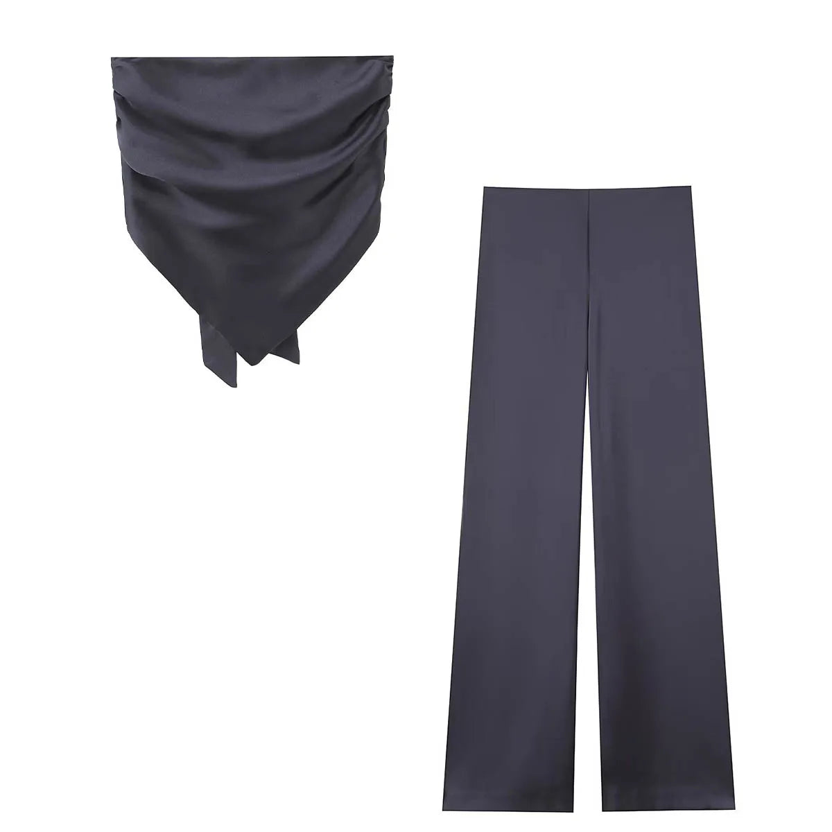 HH Elegant Solid Silk Texture Suit For Women Backless Lace Up Tube Top+High Waist Wide Leg Pants Women's Summer Fashion Set