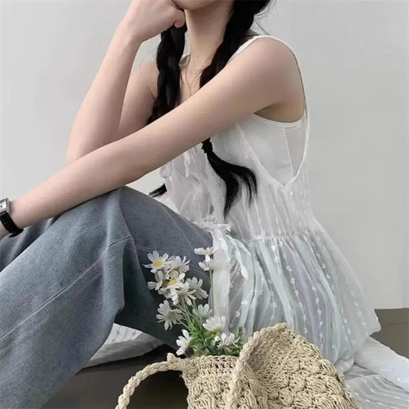 Embroidered Dress for Women in Summer Thin Lace up Layered Vest Long Cover Skirt