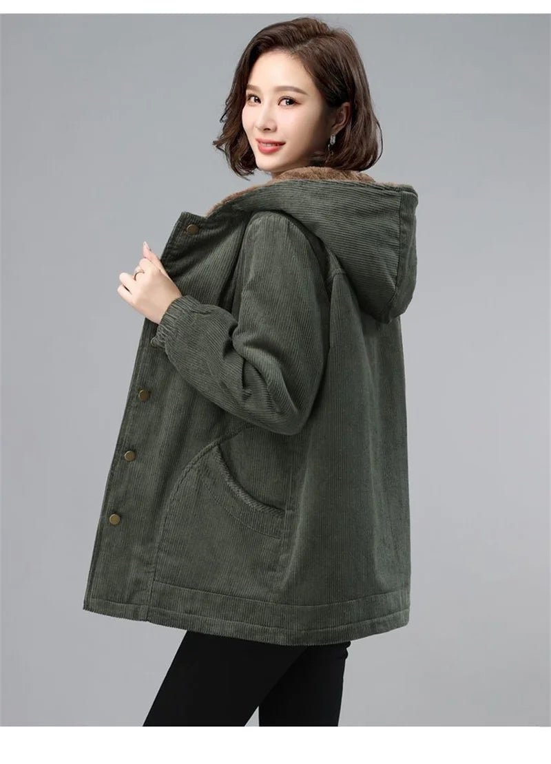 Women Corduroy Jackets 2025 New Autumn Winter Solid Loose Coat Female Casual Middle-Aged Plus Velvet Warm Hooded Ladies Overcoat