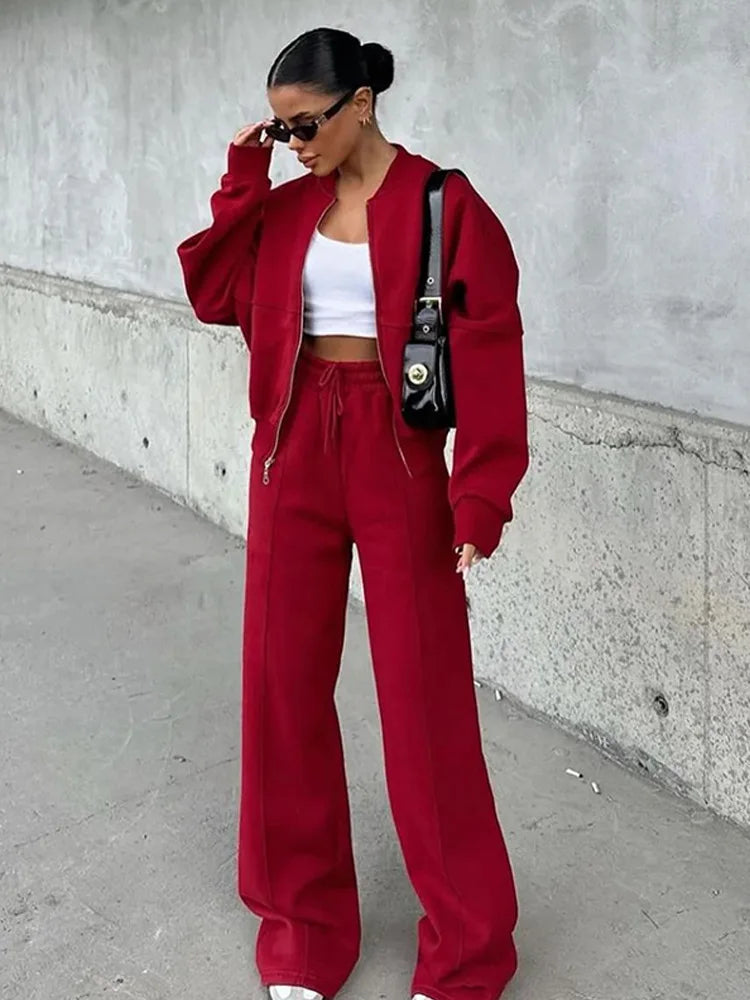 Women Sweatsuit Set Vintage O-neck Zipper Bomber Jackets High Waist Loose Pants Suit Female 2025 Spring Fashion Lady Sportswear
