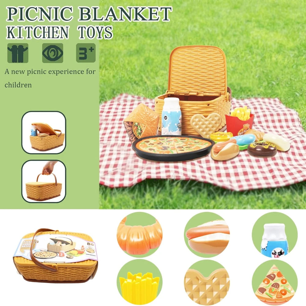 Kids Play Kitchen Toys Set , Pretend Play Food Toys for Toddlers, Plastics Pizza Accessories with Basket, Gifts for Boys Girls