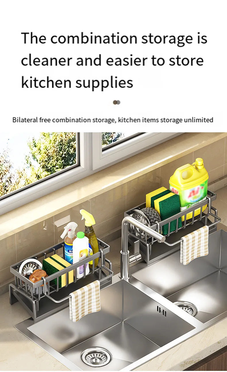 Kitchen Drainable Storage Rack With Hanging Rod Countertop Cleaning Supplies Without Punching Multi-Functional Storage Rack Tool