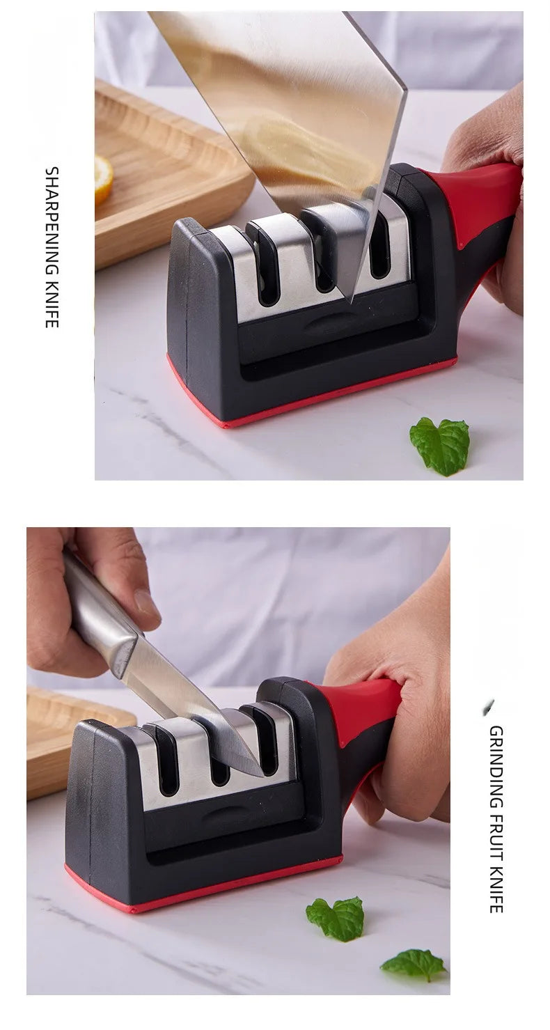 Kitchen 3-Segment Knife Sharpener Household Multi-Functional Hand-Held Three-Purpose Black Sharpening Stone.