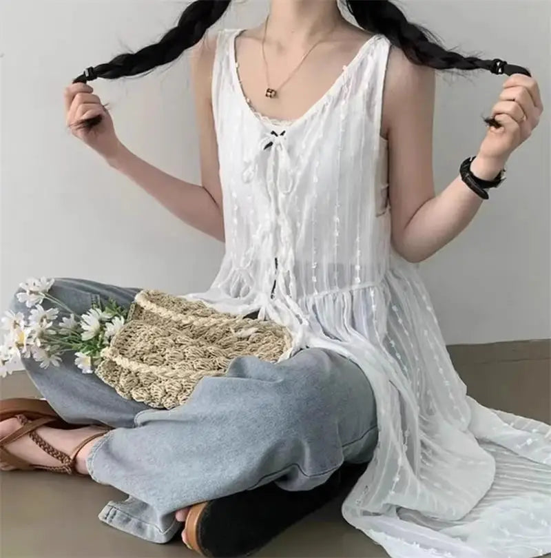 Embroidered Dress for Women in Summer Thin Lace up Layered Vest Long Cover Skirt