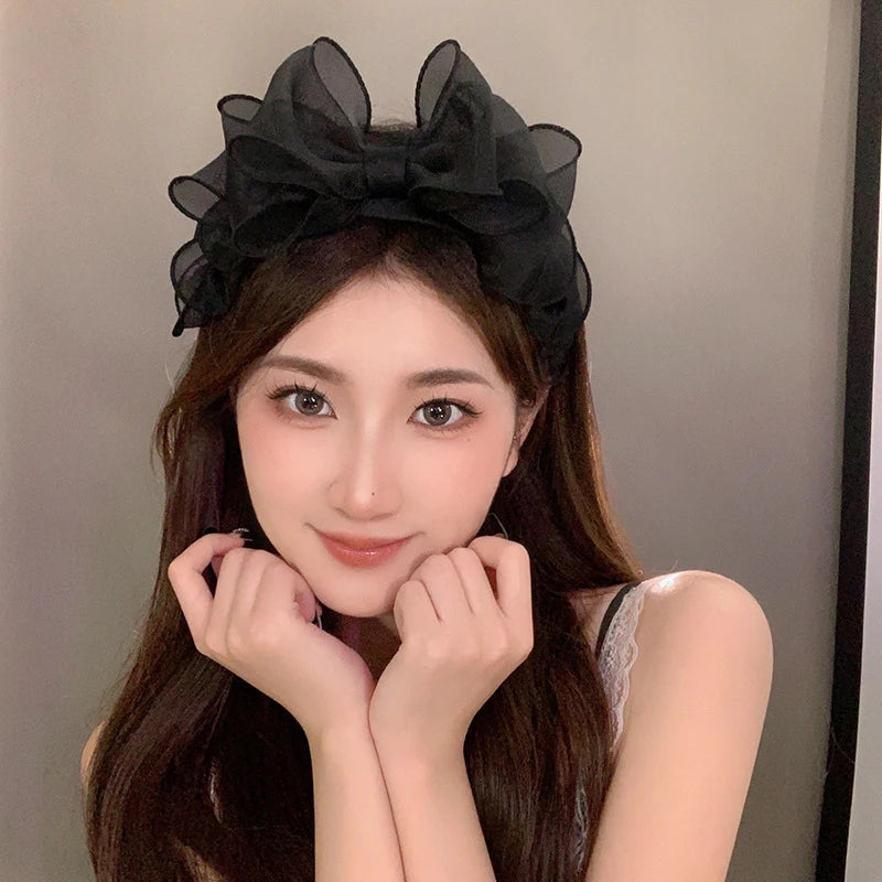 Women Originality Ruffled Edge Stylist Accessories Hair Hoop Fashion Korea Retro Black Mesh Big Bow Headband Hair Accessories