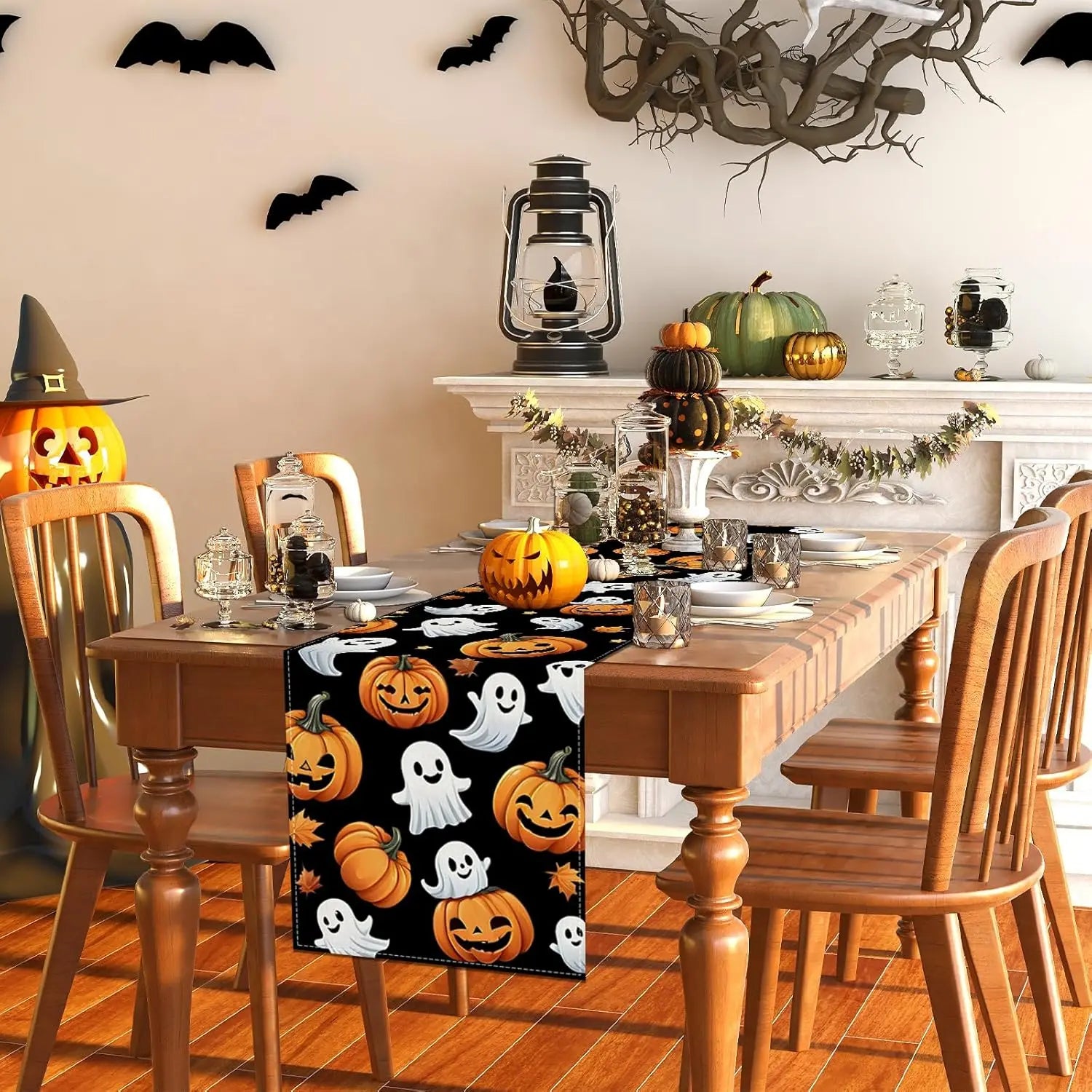 Halloween Polka Dot Ghost Pumpkin Cat Polyester Table Runners Party Decor Reusable Dining Table Runners Halloween Decoration