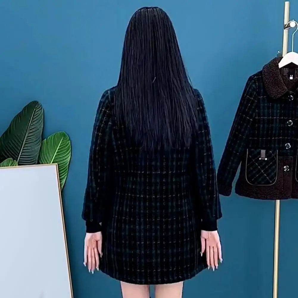Women Plaid Coat Checkered Winter Mother Jacket Pockets Turn-down Collar Single-breasted Mid Length Overcoat Mid-aged Women Coat