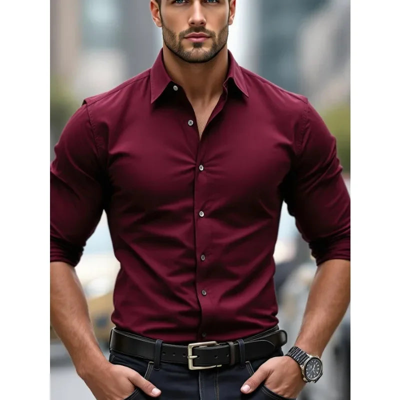 2025 Men's Shirt Brand New Solid Color Long Sleeve Smart Casual Four Season Elastic Male Business Shirts