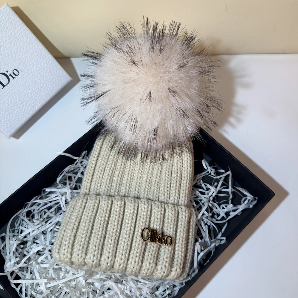 Winter Brand Female Fur Pom Poms hat Winter Hat For Women Girl 's Hat Knitted Beanies Cap Hat Thick Women Skullies Beanies