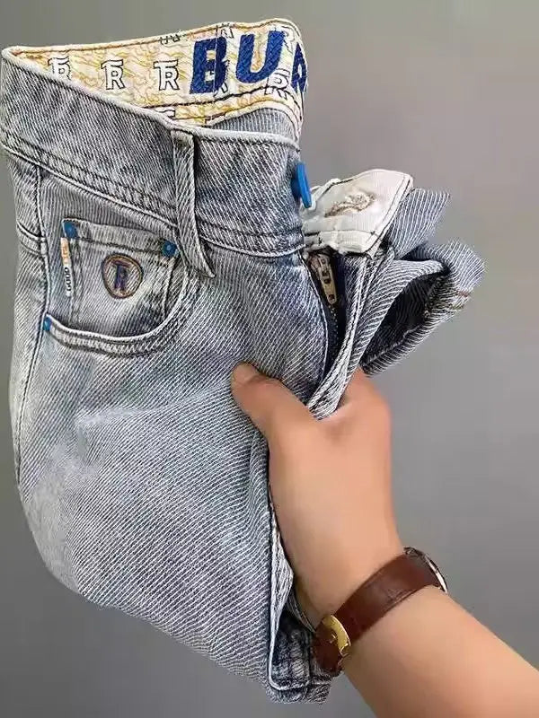 Light Blue Embroidered Jeans Men's Summer Slim Fit Nine-Piece Waed Casual Pants Breathable Straight Leg Jeans Youth Trend