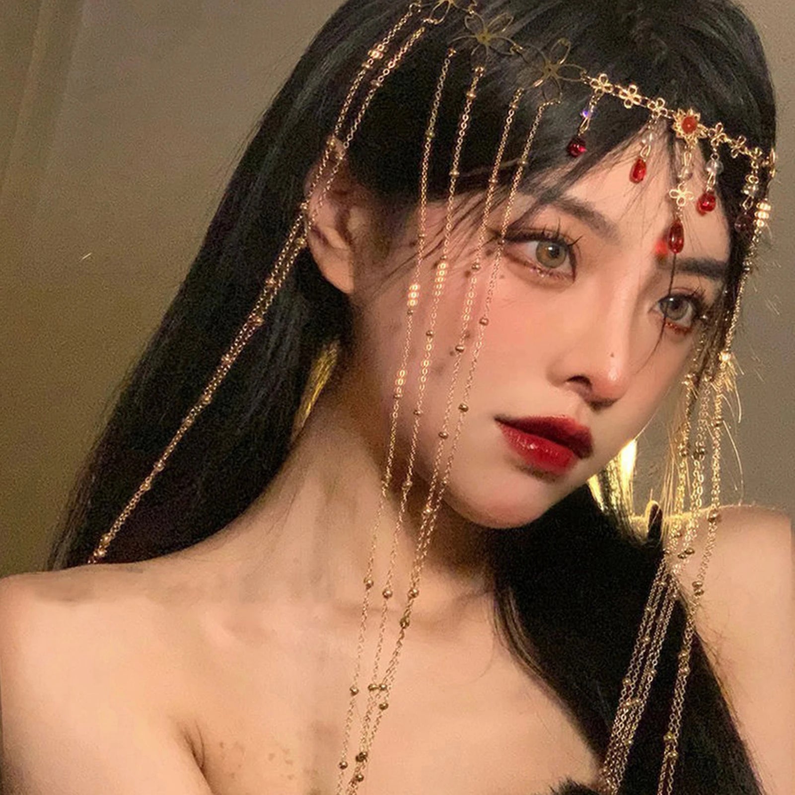 Luxury Jewelry Hair Accessories For Women Waterdrop Flower Tassel Forehead Chain Sexy Red Gemstone Hair Pendant Elegant Hairpin