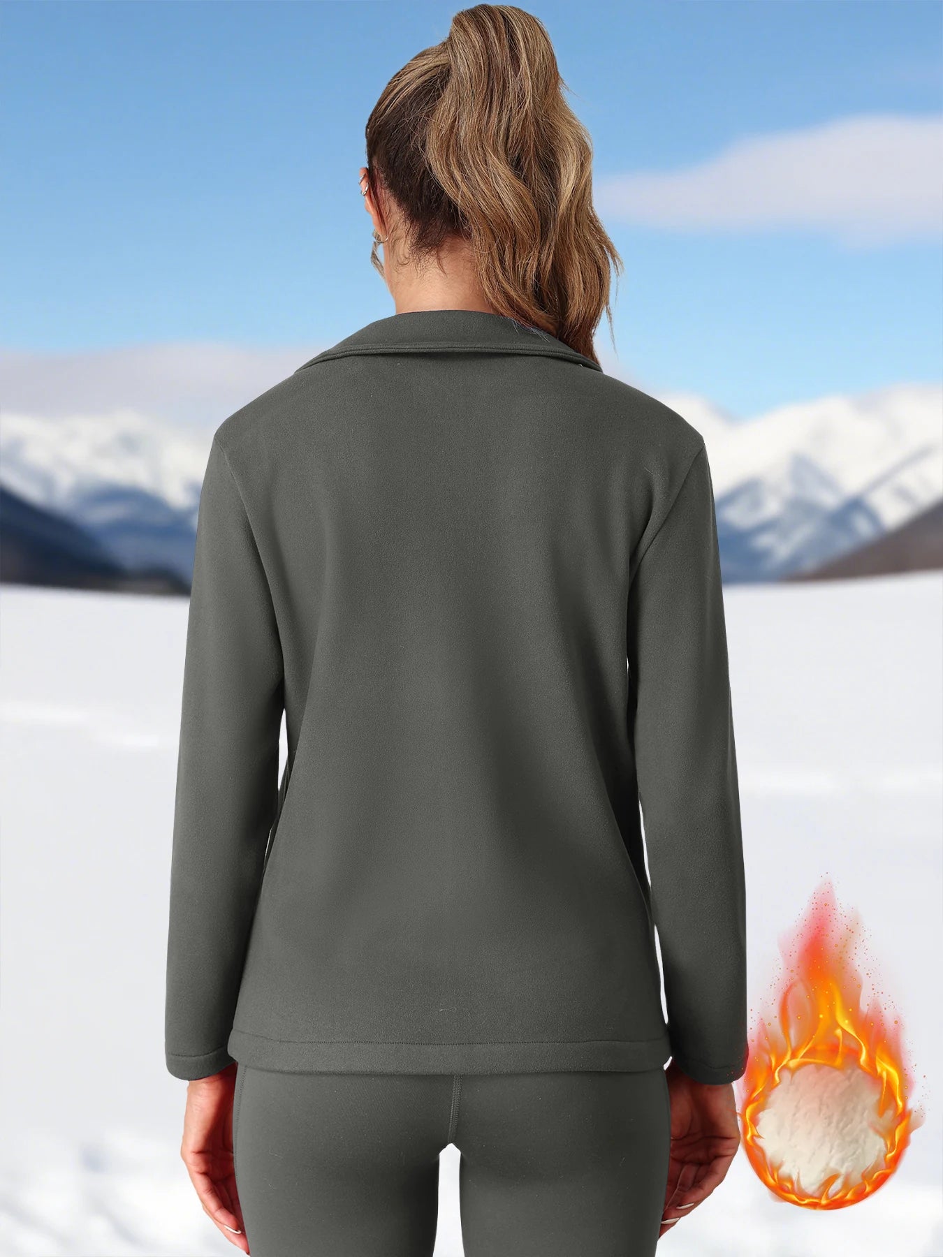 Fleece Jacket for Women Full Zip Solid Color Pullover with Two Utility Pockets Autumn Winter Warm Thick Coat Slim Soft Jacket