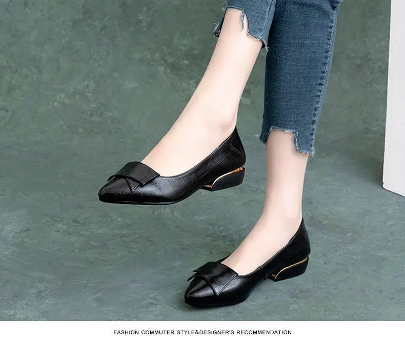 Shoe Women's 2024 New Spring and Autumn Shallow Cut Thick Heel Pointed Toe Women's Shoes Soft Leather Soft Sole Shoes Work Shoes
