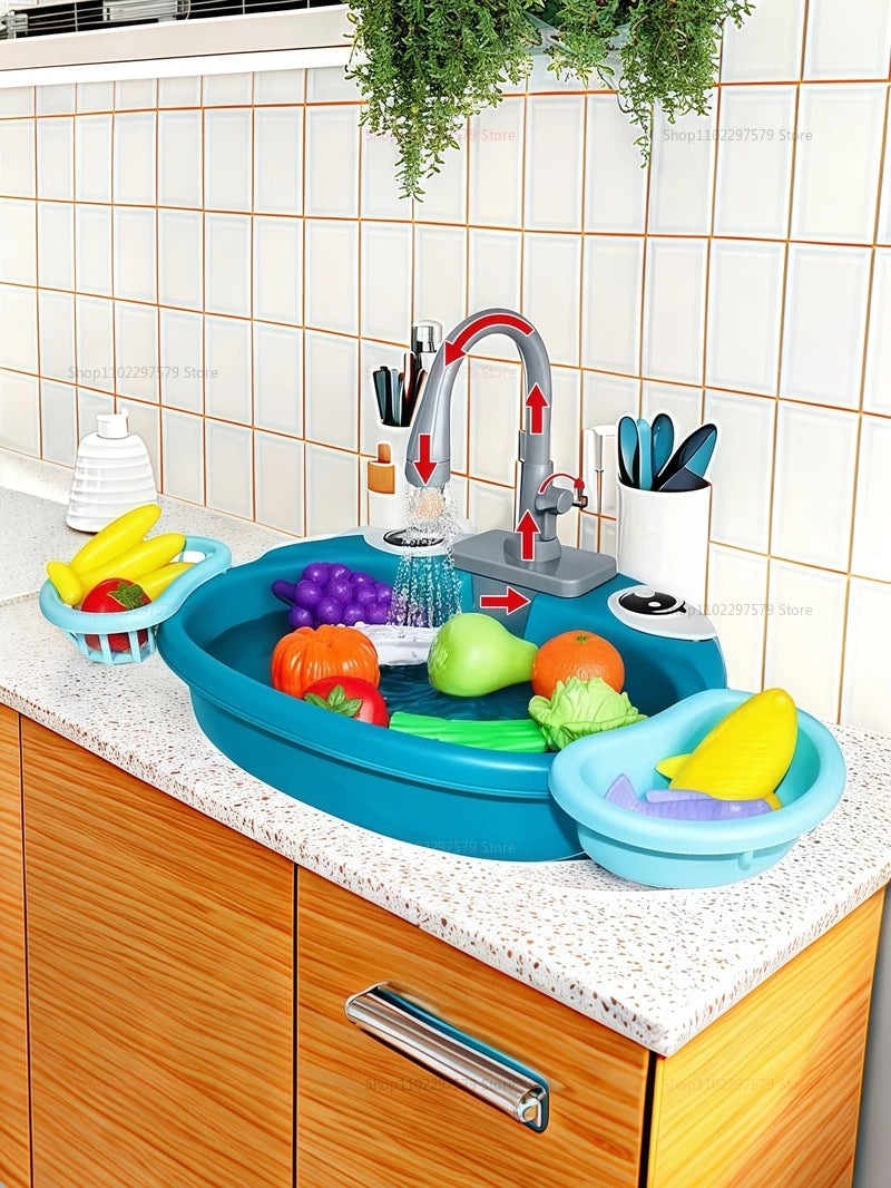 Kids Play Kitchen Set Simulated Dishwasher Sink Hand Basin with Electric Circulating Water Toys for Boys Girls Pretend Role Play